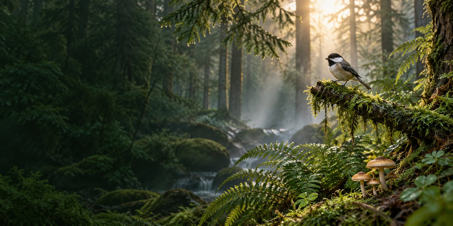 Illustrative forest at dawn with a small bird, moss and mushrooms